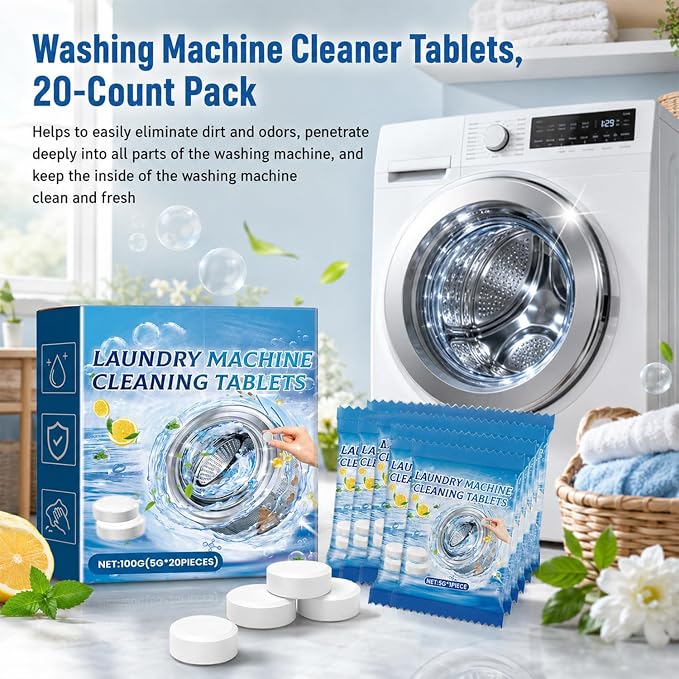 Washing Machine Cleaner Tablets 20 Count for Odor & Residue Buildup, For Front Load, Top Load & He Washers, Monthly Maintenance Descaling Tablets for Cleaner Drum
