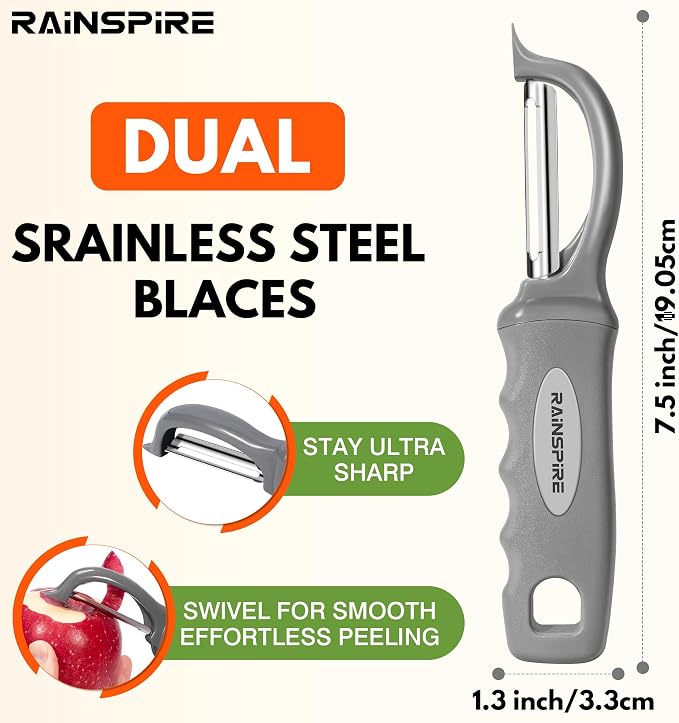 Rainspire Vegetable Peeler Potato Peelers for Kitchen, Sharp Stainless Steel Blades Veggie, Comfortable Handle Fruit Peeler, Carrot Peeler Apple Peeler Dishwasher Safe, Grey, 2-Pack