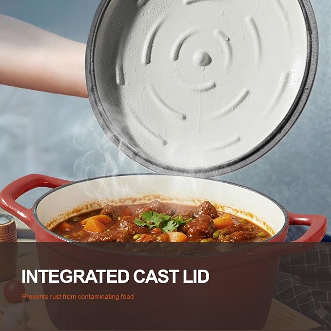 Overmont Enameled Cast Iron Dutch Oven - 5.5QT Pot with Wide Handles Lid Cookbook & Cotton Potholders - Heavy-Duty Pre-Seasoned Cookware Oven Safe to 500°F for Braising, Stews, Roasting, Sourdough Baking