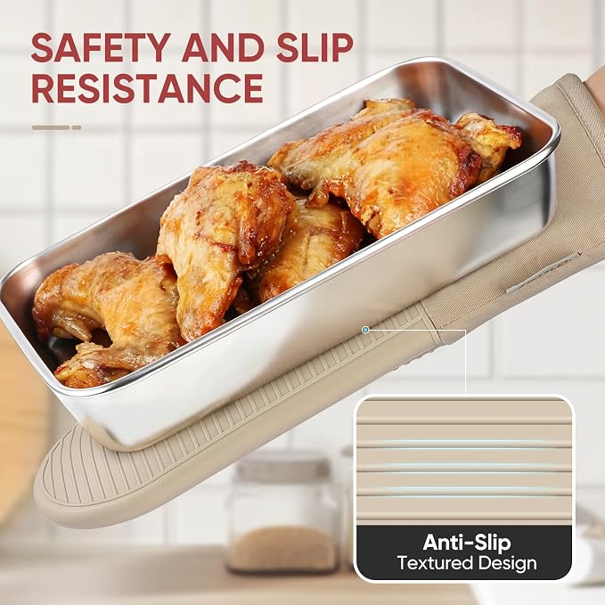 YUTAT Silicone Oven Mitts and Pot Holders Set,High Heat Resistant Up to 500 Degrees,Waterproof Cooking Gloves with Soft Polyester Filling,Kitchen Potholder Set,Khakis,4 Pcs Set