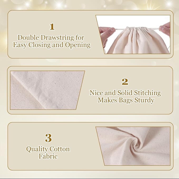 10 Pack 11.9x15.8 Inch Cotton Storage Bags with Drawstrings, Canvas Fabric Sacks, Reusable Multipurpose Muslin Bags for Bread, Produce, Shoes, and More