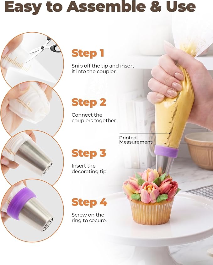 Bake Choice 46 Pcs Russian Piping Tips Set, Stainless Steel | Piping Bags and Tips Set, 6 Russian Piping Tip, 2 Leaf Piping Tip, 2 Couplers, 36 Piping Bags for Cupcake, Cookie, Baking