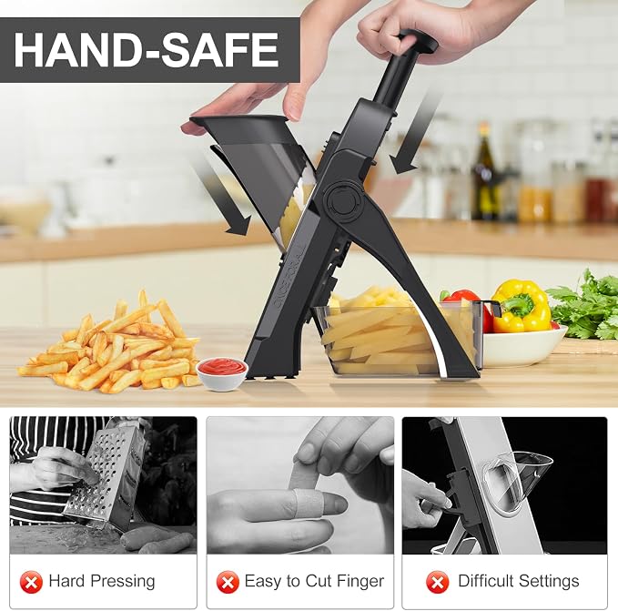 5 in 1 Adjustable Safe Mandoline Slicer for Kitchen with Paring Knife | Safe Mandoline Slicer for Kitchen, Easy to Clean/Storage, Potato Slicing, Strips, Shredding, Dicing, Chop, Cleaning brush