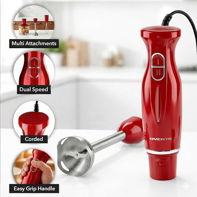 OVENTE Electric Hand Blender Set with 2 Mixing Speeds, 300W Red HS565R | Corded Immersion Handheld Stick Mixer with Stainless Steel Blades, Egg Whisk, Beaker & BPA-Free Food Chopper