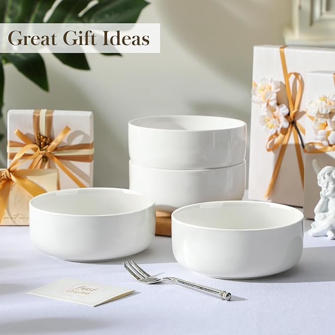 MALACASA 24 OZ Ceramic Bowls Set of 4, White Bowls for Soup Oatmeal | Breakfast Bowls for Kitchen Daily Use, Yogurt, Cereal, Soup, Dessert, Dishwasher Microwave Oven Safe, Series LUNA