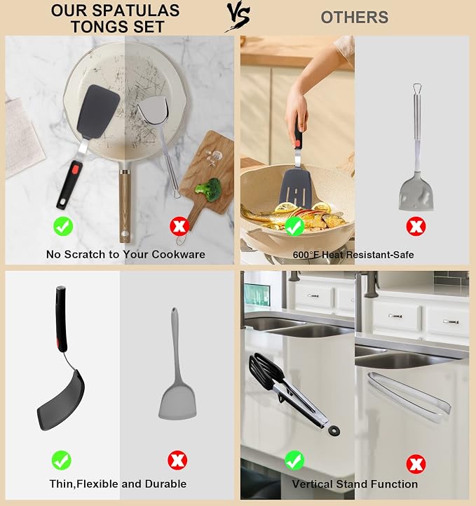 4PCS Flexible Silicone Spatula Turner Set and Kitchen Food Tongs with Silicone Tips, 600F Heat Resistant, Ideal for Flipping Eggs, Fish, Burgers, Pancake and Strong Grip on Salads, Pasta, Steaks, BBQ