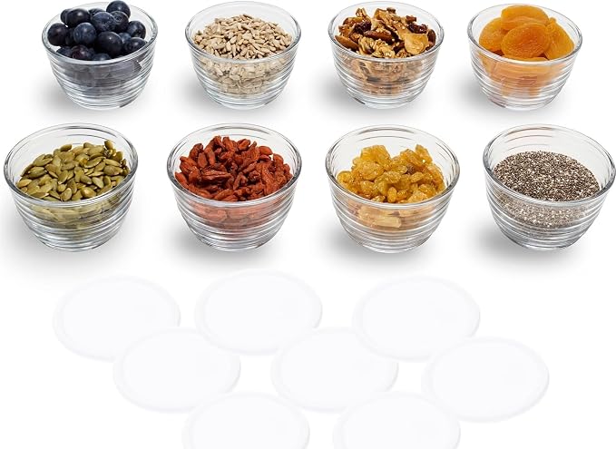 Libbey Small Glass Bowls with Lids Set of 8, Food Storage Prep Containers | Set of 8 Glass Bowls with Secure Lids Store Leftovers, Snacks, Sauces & Meal Prep Ingredients; Dishwasher Safe for Daily Use