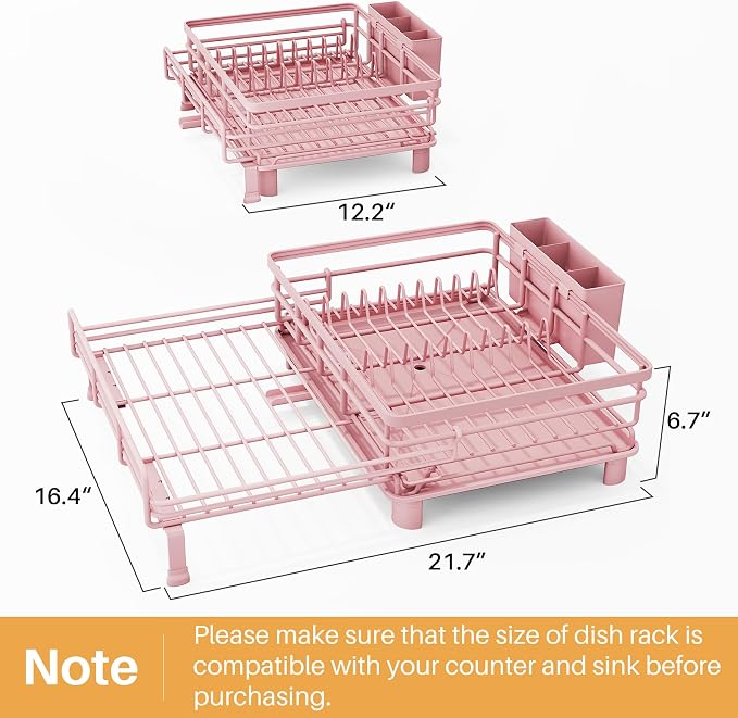 SNTD Expandable Dish Drying Rack for Kitchen Counter, Stainless Steel, Pink | Foldable Over Sink, Large Capacity, Adjust to Fit Most Sinks, Angled Drainboard, Removable Utensil Holder, Slip Resistant