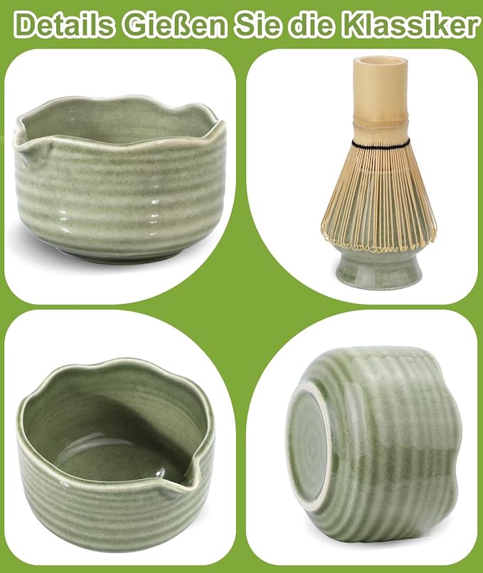 JBER Matcha Whisk Set, 7PCS Matcha Set with Bamboo Whisk for Matcha Lovers | Ceramic Matcha Kit Includes 17oz Bowl, Whisk (Chasen) 100 Prongs, Holder, Spoon, Sifter for Matcha Beginners, Mottled Green