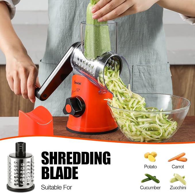Geedel Rotary Cheese Grater, Kitchen Mandoline Vegetable Slicer with 3 Interchangeable Blades, Easy to Clean Rotary Grater Slicer for Fruit, Vegetables, Nuts | 3 Blades, 430 Stainless Steel, 12x Fast Cutting, Strong Suction Base, No BPA, Dishwasher Saf...