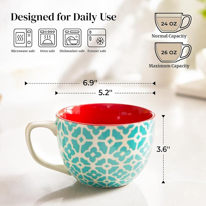 DOWAN 24 OZ Boho Mosaic Soup Mugs with Handle, Large Coffee Mugs Set of 4 | Six Design! Large Ceramic Mugs for Soup/Coffee/Cereal/Latte, Thanksgiving and Housewarming Gifts for Family and Friends