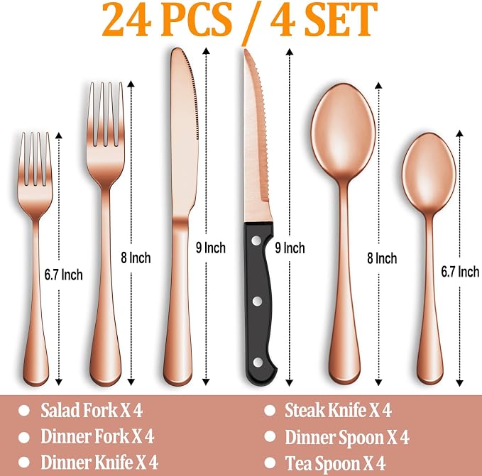 24 Pcs Rose Gold Silverware Set with Steak Knives, Stainless Steel Flatware Cutlery Set for 4, Kitchen Tableware Sets, Utensil Sets for Home and Restaurant, Dishwasher Safe