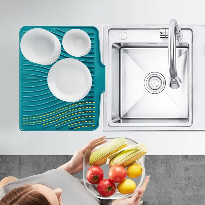 TIKNIK Silicone Dish Drying Mat for Kitchen Counter, Green-1pcs, 16" x 12" | Heat Resistant & Non-Slip Dish Drain Pad with Built-In Drain, Dishwasher Safe, Quick-Dry, Hangable & Roll-Up for Storage