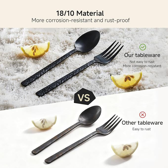 20 Pcs Black Hammered Silverware Set for 4, 18/10 Stainless Steel Heavy Duty Flatware Set, Tableware Cutlery Utensil Sets for Home Restaurant Dishwasher Safe