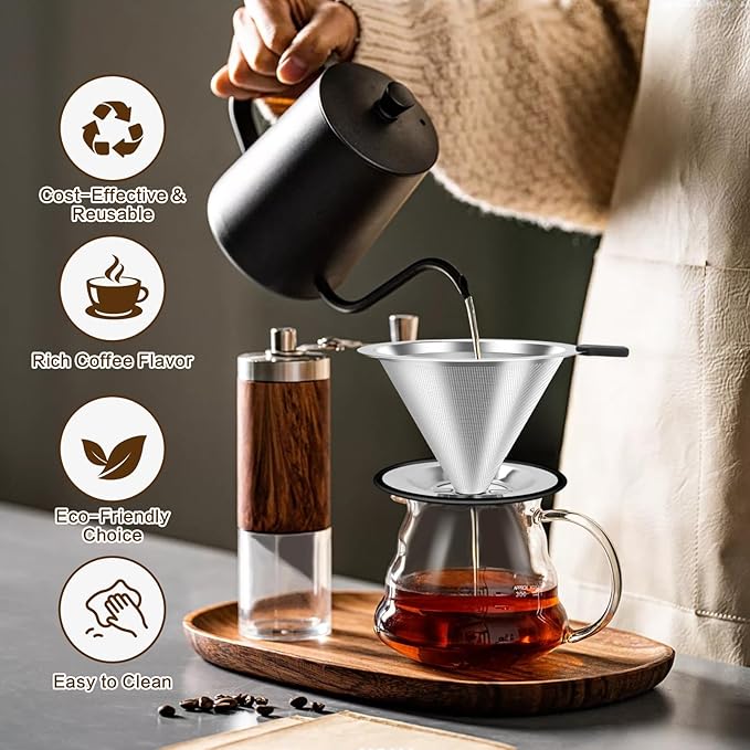 Pour Over Coffee Dripper, Stainless Steel Coffee Filter, Paperless Reusable Coffee Filter, Double Micromesh 600 Mesh Strainer Coffee Maker with Heat-Resistant Silicone Handle & Base (1-2 Cups)