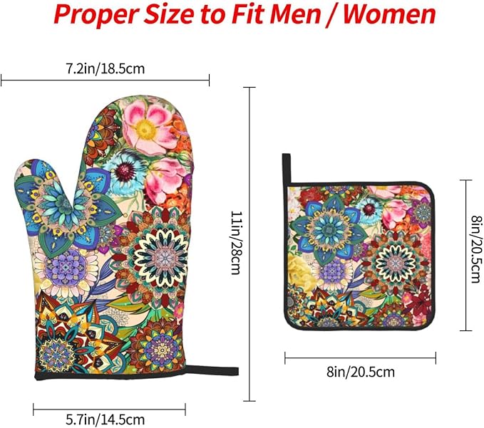 Boho Floral Oven Mitts and Pot Holders Sets of 3, Cute Baker Stuff | Heat Resistant Colorful Kitchen Gloves Hot Pads,Chef Cooking Gifts for Women Bakers,Kitchen Gifts for Baking Lover Cooks Mom