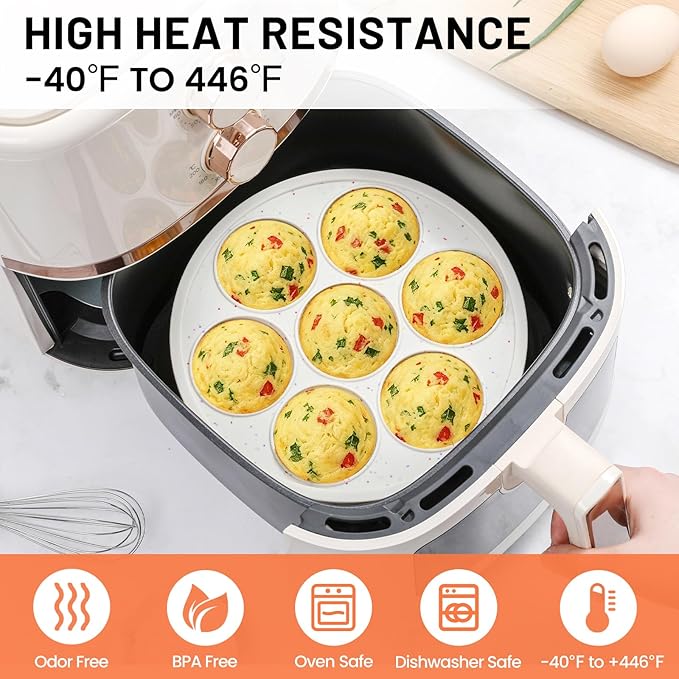 Vinino Silicone Air Fryer Muffin Pan with Reinforced Frame, Egg Bite Mold | 7 Cup Air Fryer Accessories, 2 Pack Silicone Muffin Pans for Oven, Perfect for Egg Bites, Muffins, Tarts, BPA-Free, Cream