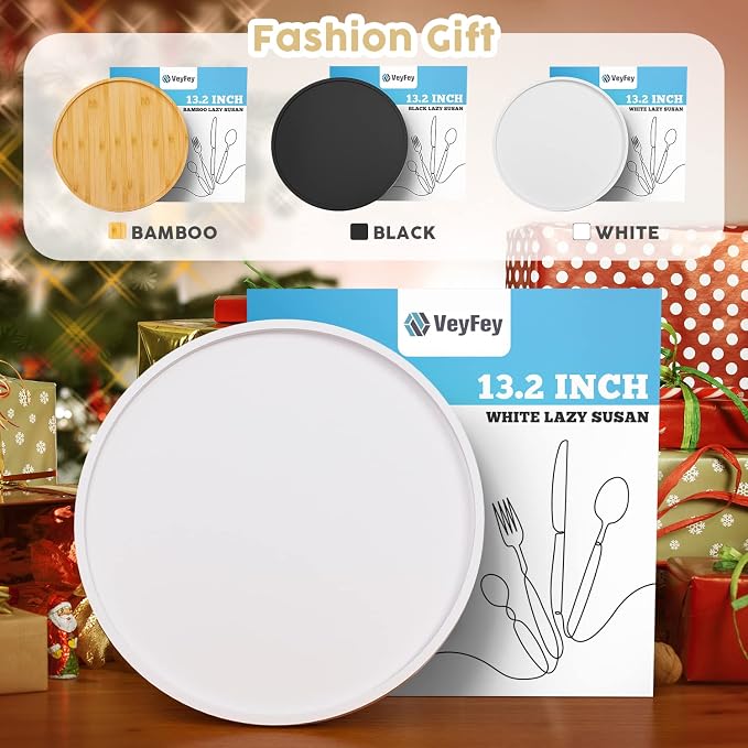 White Lazy Susan, 13.2 Inch Non-Skid Bamboo Turntable | Kitchen Table Cabinets and Closets, Wood Organizer for Kitchen Countertop