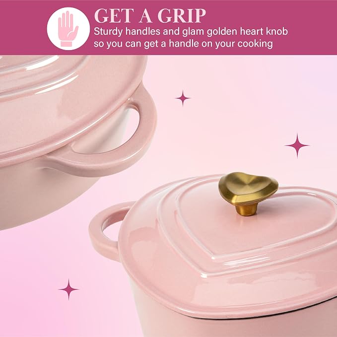 Paris Hilton Enameled Cast Iron Dutch Oven Pot with Lid, Heart-Shaped Dutch Oven, Durable Cast Iron Pot with Dual Handles, Oven Safe to 500°F, Works on All Stovetops, 2-Quart, Pink