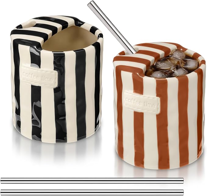 2 Pack Ceramic Mug with Sip Hole, Simple, Brown, Black | 10oz Ceramic Coffee Cup with Straws, Retro Hand Painted Striped, for Iced Coffee Tea Latte Espresso, Kitchen Dining Travel