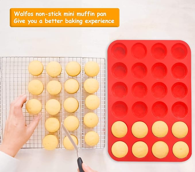 Walfos Mini Silicone Muffin Pan - 24 Cups, BPA Free and Dishwasher Safe, Non-stick Silicone Cupcake Baking Pan, Great for Making Muffin Cakes, Tart, Bread