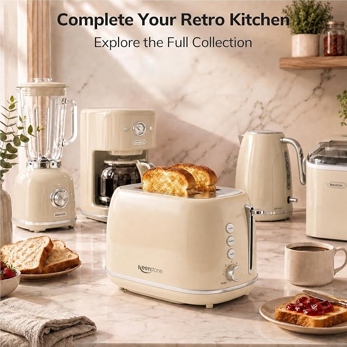 Toasters 2 Slice Retro Stainless Steel Toasters with Bagel, Cancel, Defrost Function and 6 Bread Shade Settings Bagel Toaster, Beige