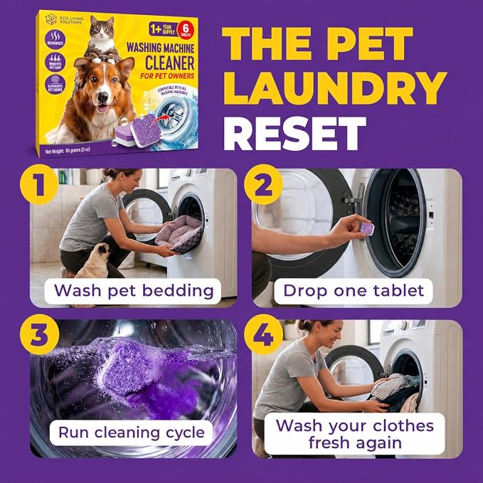 ECO LIVING SOLUTIONS Washing Machine Cleaner Tablets for Pet Owners, Front&Top Load Washer Deep Cleaning, HE & Septic Tank Safe, Remove Pet Hair, Eliminates Smells, Prevents Dander Build-up (6)