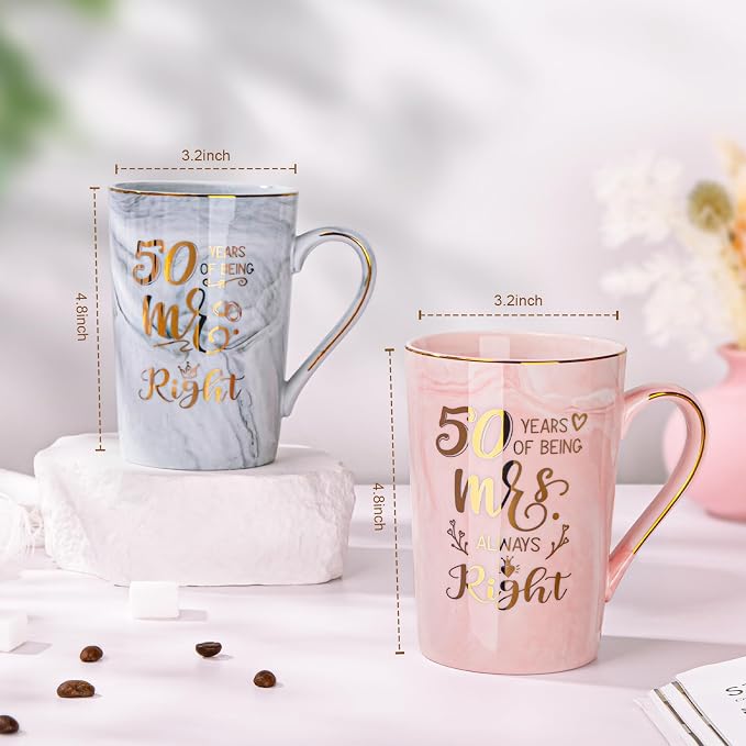 50th Wedding Anniversary for Couples, Gifts for Golden 50th Anniversary | 14Oz Ceramic Marble 50 Year Coffee Mug Set Gift for Parents Grandparents, with Real Gold Foil, Greeting Card, Gift Box