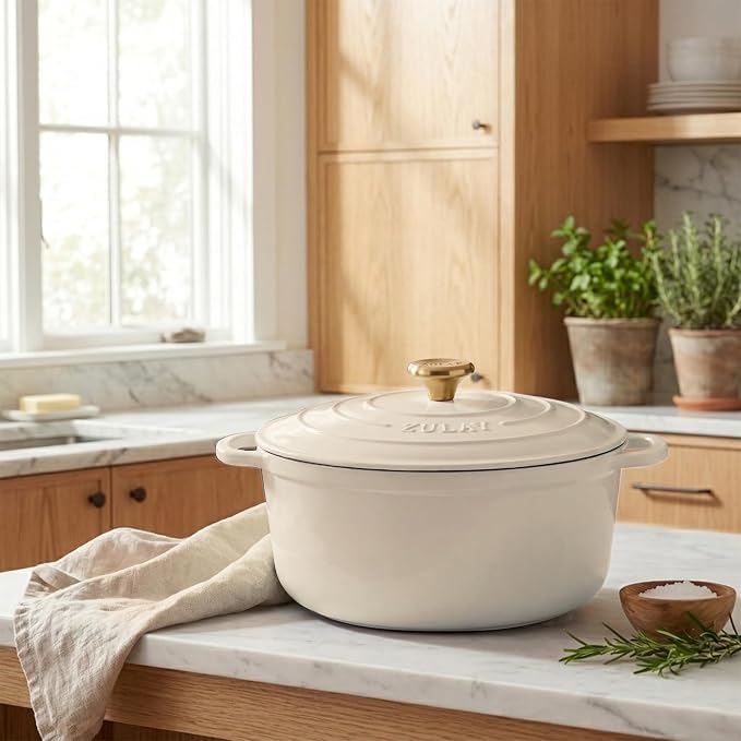 Zulay Kitchen 5 Quart Enameled Cast Iron Dutch Oven Pot with Lid – Premium Durability & Oven Safe up to 500°F – Heavy Duty Cookware Perfect for Bread Baking, Stews, Braising & Roasting – Ivory