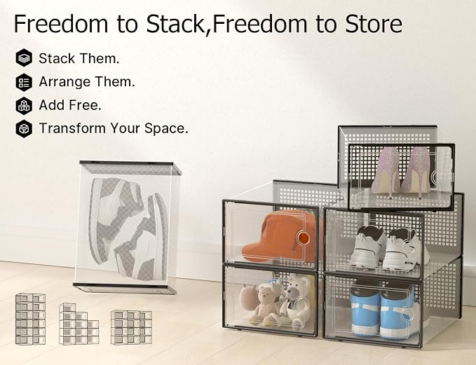 Kuject XX-Large Shoe Storage Boxes 12 Pack, Clear Stackable Shoe Organizer | Shoe Case for Closet, Entryway & Under-Bed Storage, Drop-Front Design, Space-Saving Solution for Family Organization,Black