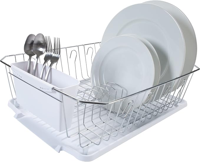 Kitchen Details 3 Piece Dish Rack | Drying Rack, Cutlery Basket & Drainboard Tray | Countertop | Self Draining | Open Wire Design | Chrome | White