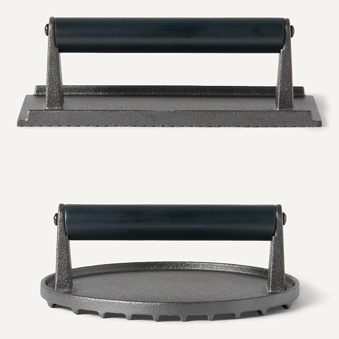 Amazon Basics Smash Burger Press, Cast Iron Bacon Press with Wooden Handle, Grooved Bottom for Grill Marks, 6.8-Inch Round & 8.1-Inch Rectangle, Black, 2-Pack