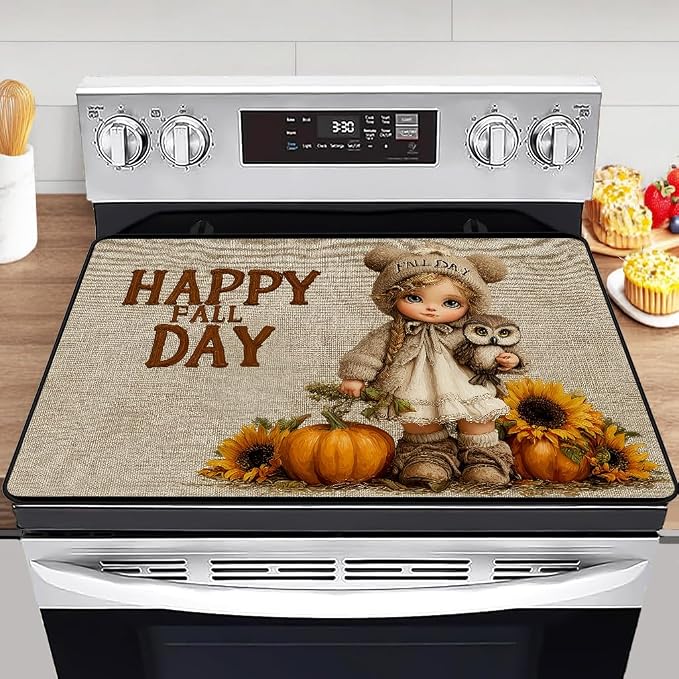 Fall Pumpkin Electric Stove Top Cover, Cute Doll & Owl Heat Resistant Glass Stove Top Cover for Electric Stove – Thanksgiving Day Glass Cooktop Protector Expands Usable Space