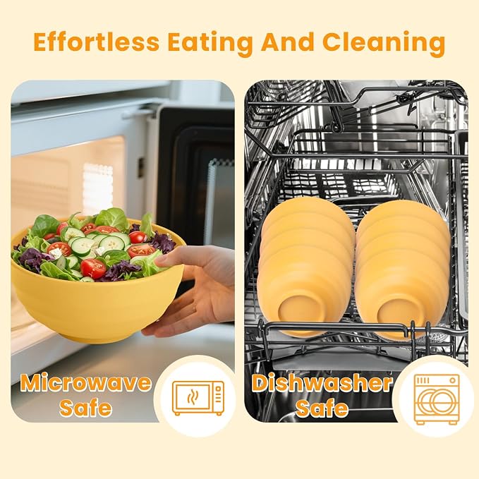 Sunshine Yellow Bowl Set of 8, 60 Oz Large Wheat Straw Bowls, Unbreakable Big Salad & Soup Bowls, Microwave Safe for Easter, Picnic, Kids Party & Family Meals