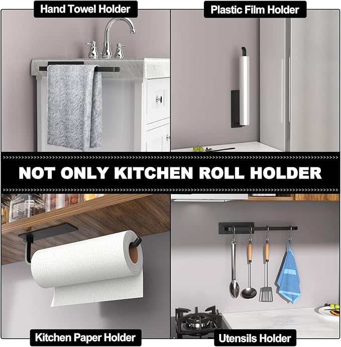 Paper Towel Holder Under Cabinet, Self-Adhesive or Drilling, Matte Black | Kitchen Roll Dispenser | Under-Cabinet or Wall-Mounted| Upgraded Aluminum | Lighter Yet Stronger Than Stainless Steel