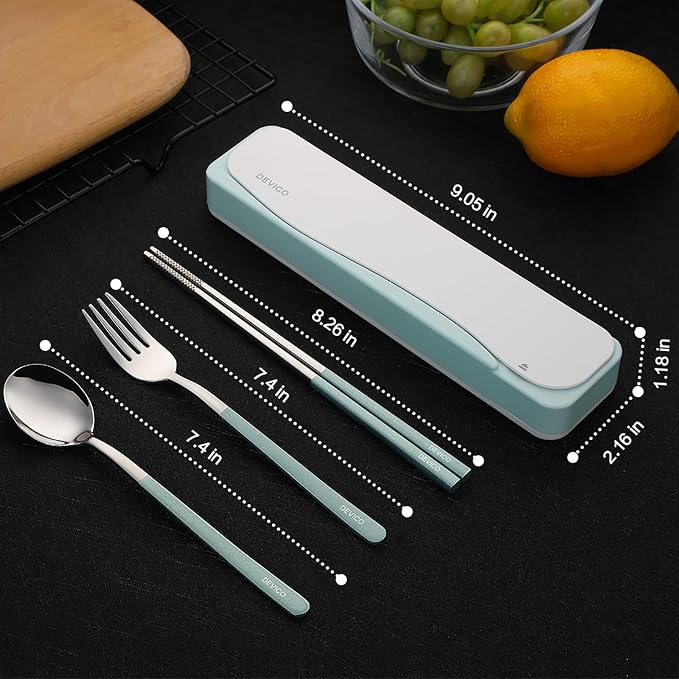 DEVICO Travel Utensils with Case, 4Pcs Portable Silverware Set for Work, 18/8 Stainless Steel Reusable Cutlery, Korean Spoon and Chopsticks Fork for Camping, School, Lunch Box Accessories (Green)