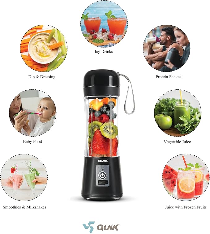 Portable Blender - Cordless 13oz. Personal Blender for Shakes and Smoothies, Licuadora, BPA Free, USB-C Rechargeable, Mini juicer for Travel, Leakproof, Juicer Cup, Ice Crush (Black)
