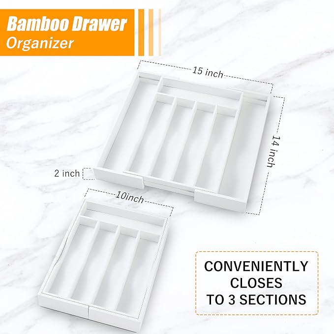 White Silverware Organizer Kitchen Drawer Organizer Expandable Bamboo Utensil Holder Cutlery Tray for Kitchen Utensil and Flatware Bedroom Office