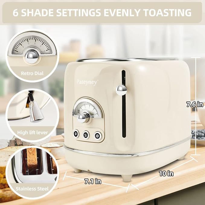 Retro Stainless Steel Toaster - 2 Slice, Extra-Wide Slot, 6 Adjustable Settings, Removable Crumb Tray, Defrost, Cancel, Reheat (Cream)