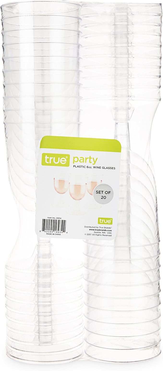 True Set of 20 Disposable Plastic Wine Glasses, Stemmed Clear Plastic Cups for Outdoors, Parties, 6 oz
