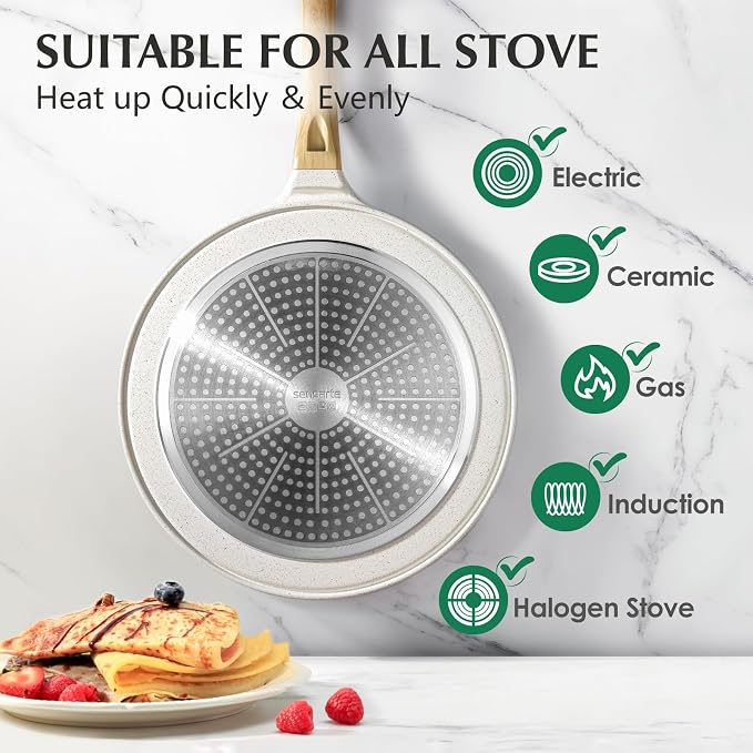 SENSARTE 12 Inch Nonstick Crepe Pan Ceramic Coating Pancake Pan White | Natural Ceramic Coating Dosa Pan Pancake Flat Skillet Tawa Griddle with Stay-Cool Handle, Induction Compatible