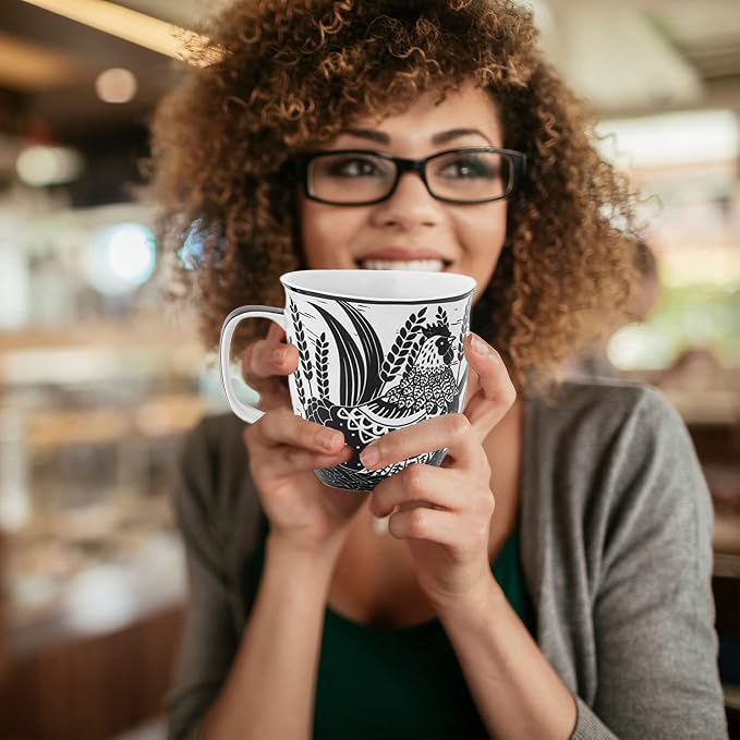 Karma Gifts 14 oz Black and White Boho Mug Rooster - Cute Coffee and Tea Mug - Ceramic Coffee Mugs for Women and Men