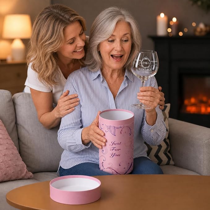 65th Birthday Gifts for Women, Vintage 1961 Engraved Wine Glass in Gift Box | Gift For Her Turning 65, Mom, Daughter, Sister, Friend, Lightweight Thin-Rimmed Glass, Elegant Design, Birthday Decoration
