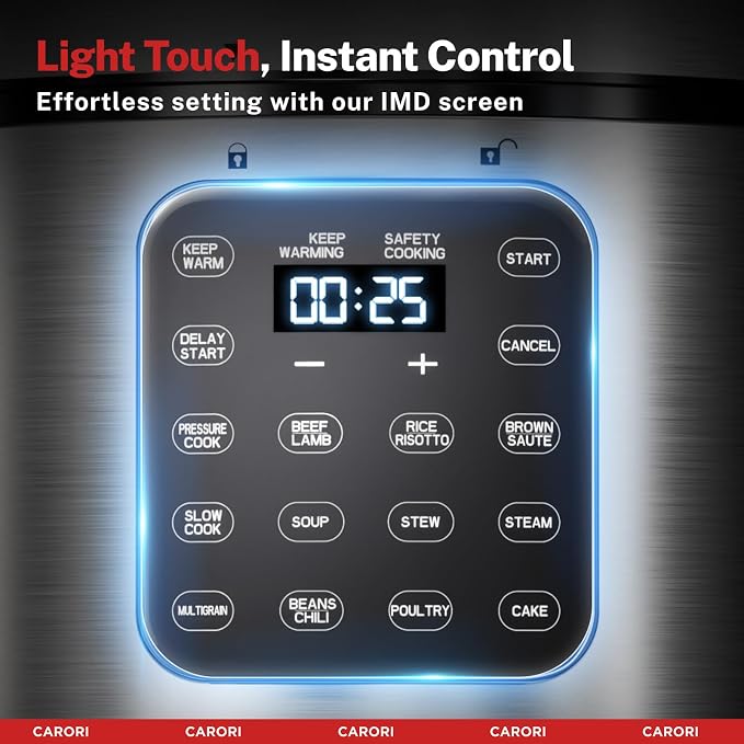 CARORI Electric Pressure Cooker 6 Quart Silver, Non-stick Pot, 9-in-1 Instant Pot, 12 Preset Functions with Touchscreen, Safe Steam Release, Stew, Slow Cook, Rice, Sauté, Warmer