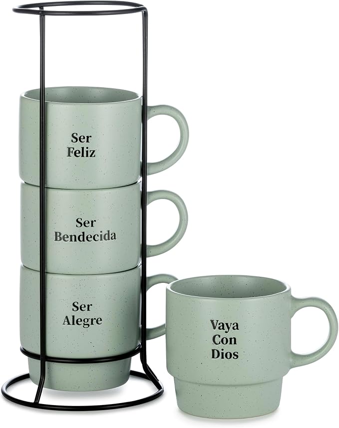Signature Housewares Stackable Coffee Mug Tower Set with Metal Wire Rack - 15 Ounce Coffee Mugs for Coffee, Tea, Cocoa, Milk, Cappuccino, Hot Chocolate Set of 4 - Spanish Bendecida Blessed