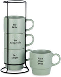 Signature Housewares Stackable Coffee Mug Tower Set with Metal Wire Rack - 15 Ounce Coffee Mugs for Coffee, Tea, Cocoa, Milk, Cappuccino, Hot Chocolate Set of 4 - Spanish Bendecida Blessed