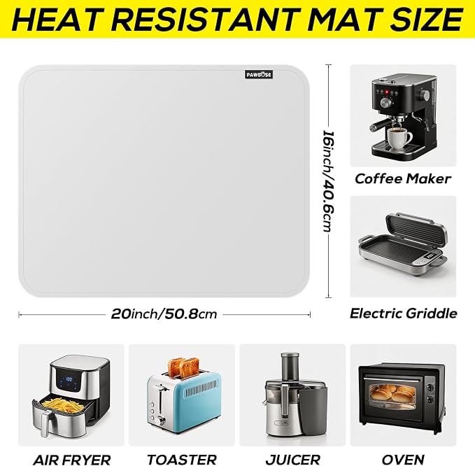 PAWBOSE Heat Resistant Mats for Countertops 16x20 Inch - 2PCS Fireproof Air Fryer Mat, Hot Pad for Ninja, COSORI, Cuisinart, Toaster, Oven & Small Kitchen Appliances - White
