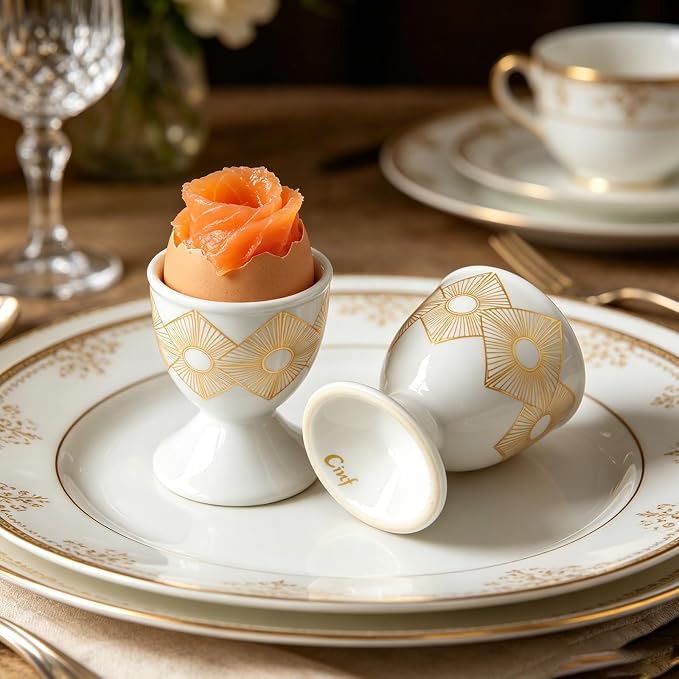 Cinf Ceramic Egg Cups, Set of 2, Art Deco Boiled Egg Holders for Breakfast | Set of 2 ceramic egg cups, classic white design, easy to clean, ideal for boiled eggs, breakfast serving and holiday gifting