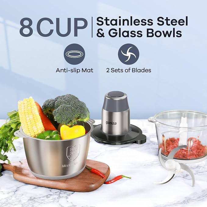Ganiza Food Processors with 2 Bowls, 450W Meat Grinder Vegetable Chopper | 2-Speed Electric Food Chopper with 8 Cup Glass & 8 Cup Stainless Steel Bowls -Includes 2 Sets of Blades for Fruits/Meat/Nuts
