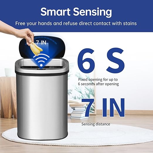 BestOffice | 13 Gallon Stainless Steel Trash Can with Lid | Steel | Automatic Touchless Garbage Can | Odor Control | Modern Oval Design | Easy to Clean | For Kitchen, Bathroom, Office or Home